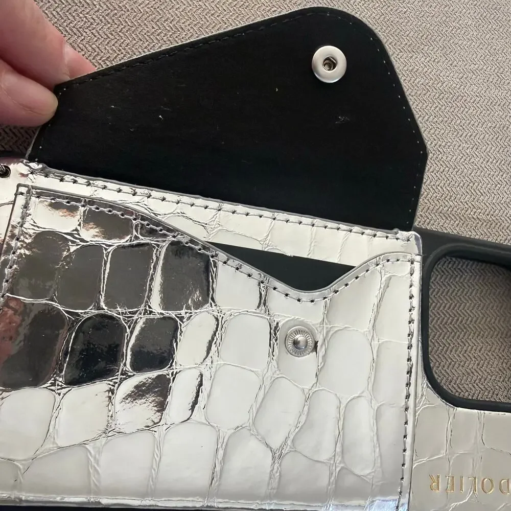 Bandolier iPhone 15 Pro Silver Croc Wallet Phone Case Card Holder No Strap